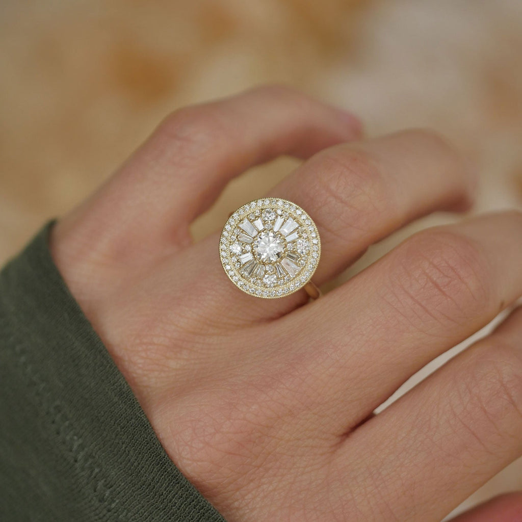 0.35 CT Round Cut Moissanite Halo Cluster Mosaic Engagement Ring