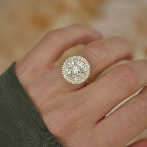 0.35 CT Round Cut Moissanite Halo Cluster Mosaic Engagement Ring