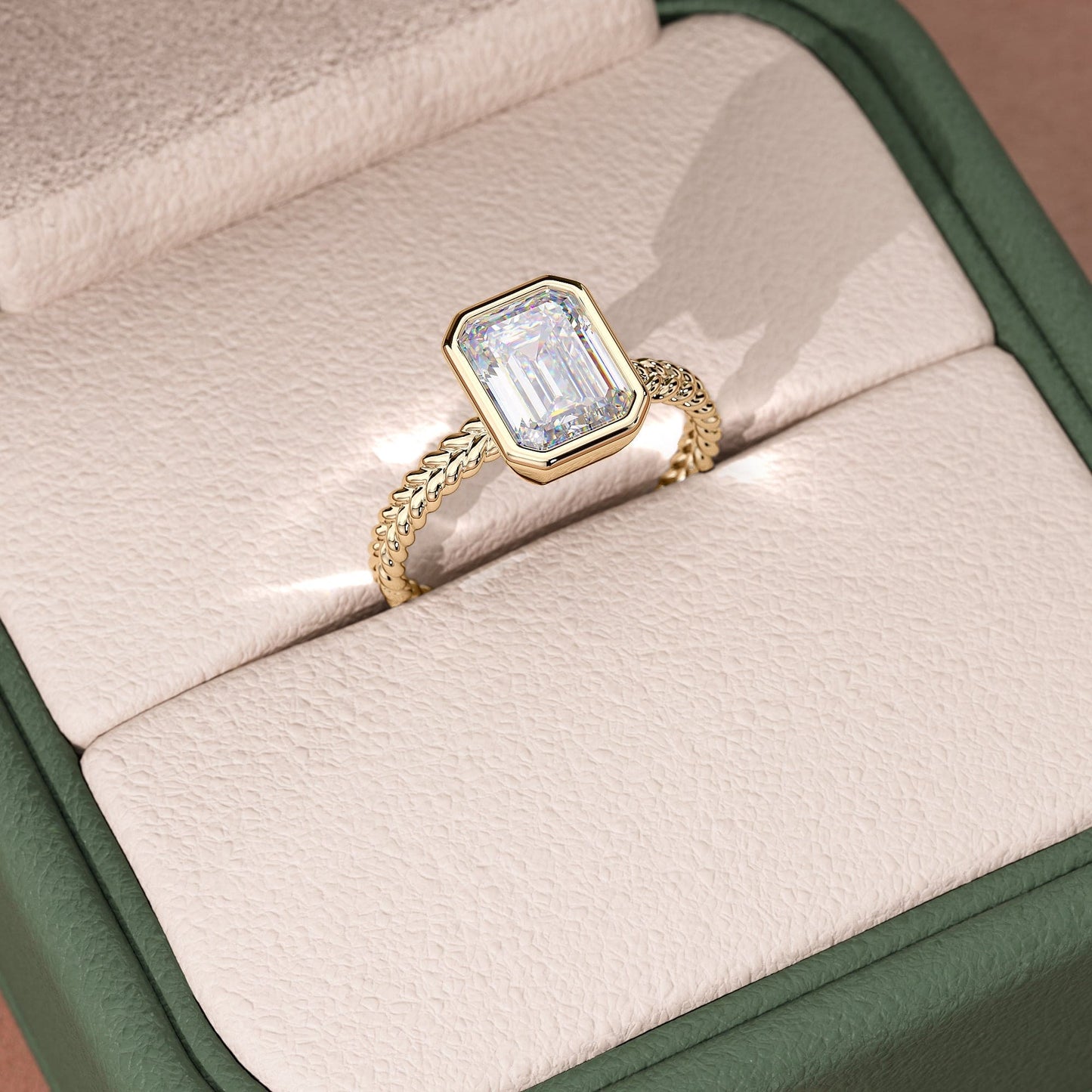 2 CT Emerald Cut Braided Rope Style Bezel Moissanite Engagement Ring