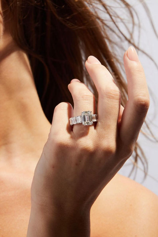 5 CT Emerald Cut Eternity Style Side Stone Moissanite Engagement Ring