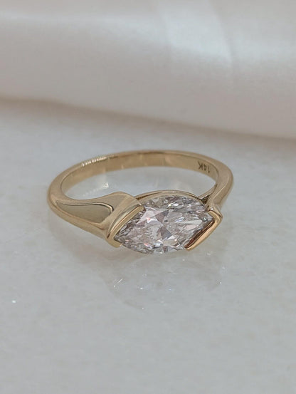 1.5 CT Marquise Cut Half Bezel Solitaire Moissanite Engagement Ring