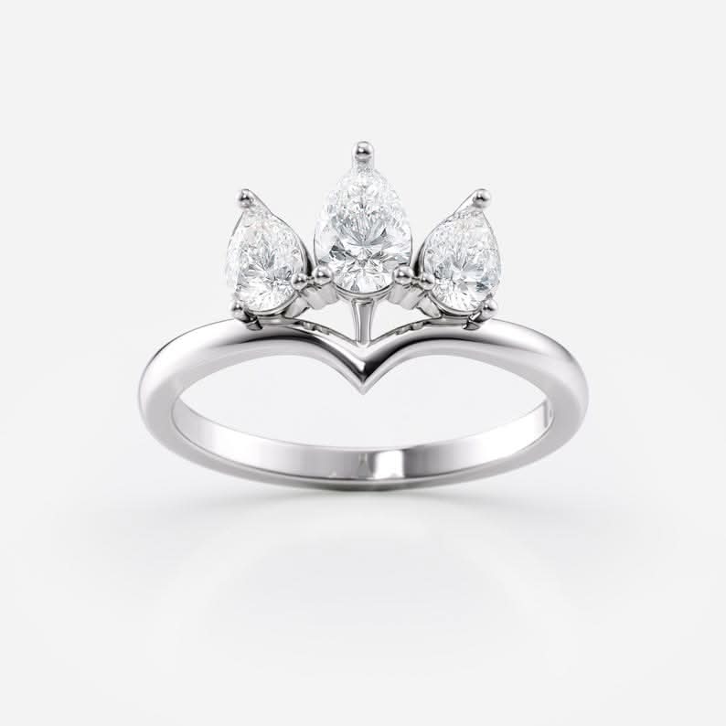 0.8 TCW Pear Cut Three Stone Crown Style Moissanite Engagement Ring