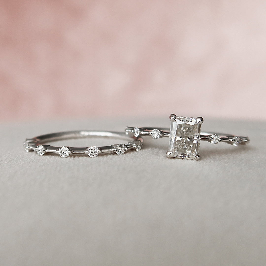 Radiant Cut Hidden Halo Moissanite Half Eternity Bridal Set