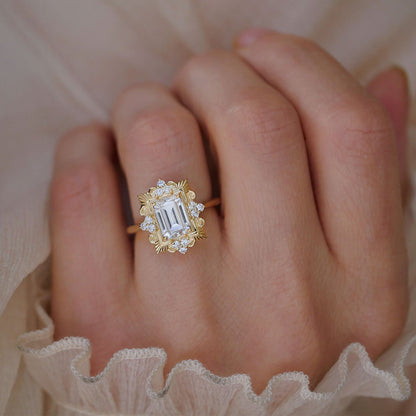 1.5 CT Emerald Cut Moissanite Florentine Mosaic Engagement Ring