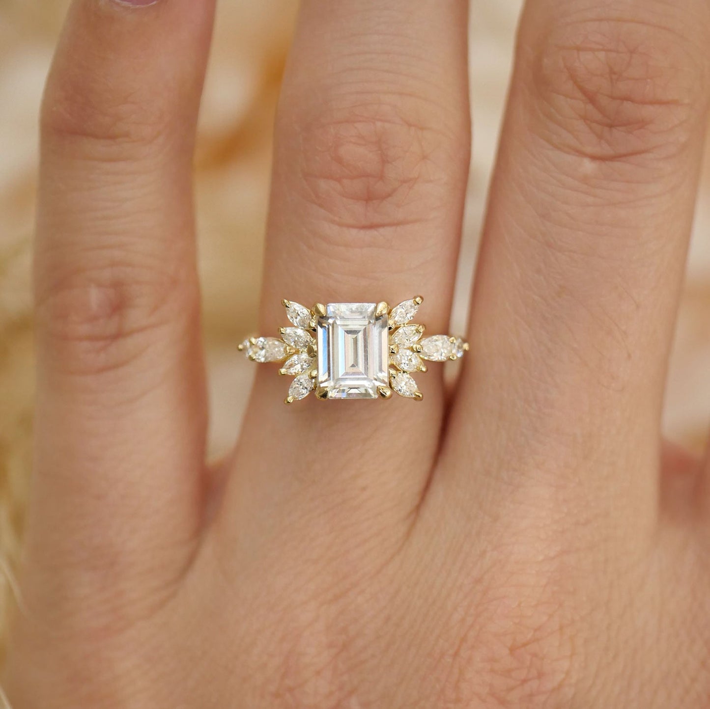 1.5 CT Emerald Cut Moissanite Peacock Style Mosaic Engagement Ring