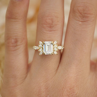 1.5 CT Emerald Cut Moissanite Peacock Style Mosaic Engagement Ring