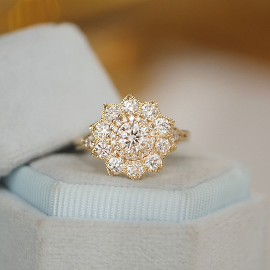 0.53 CT Round Cut Moissanite Sunflower Style Mosaic Engagement Ring
