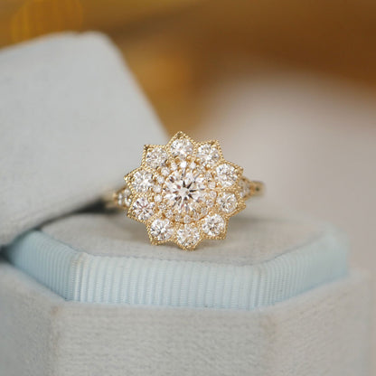 0.53 CT Round Cut Moissanite Sunflower Style Mosaic Engagement Ring