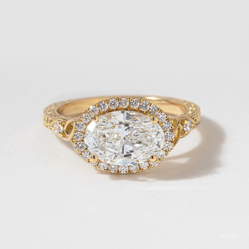 2 CT - 3 CT East-West Oval Cut Halo Vintage Style Moissanite Engagement Ring