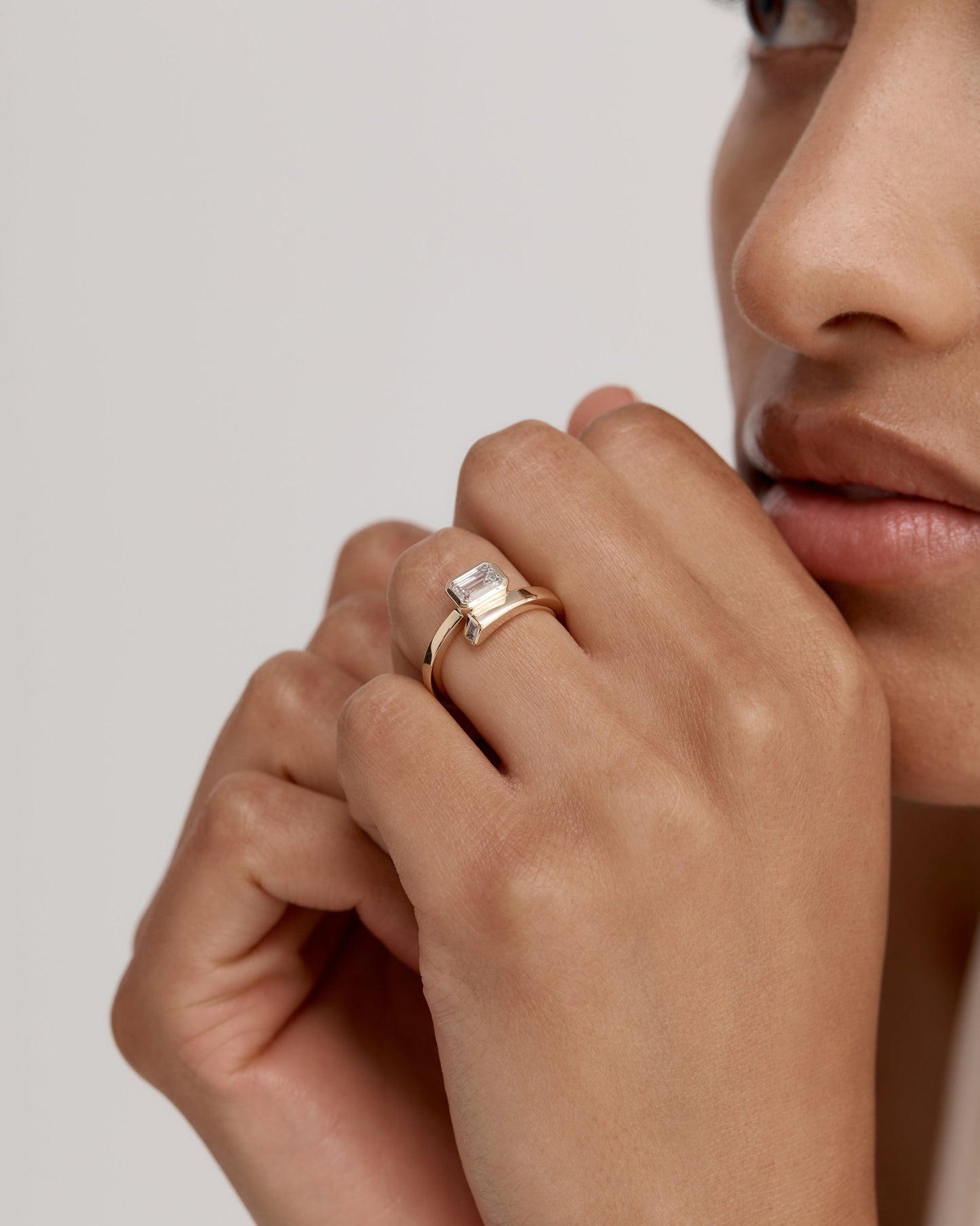 1 CT Emerald Cut Lab grown Diamond Bypass Side Stone & Bezel Engagement Ring