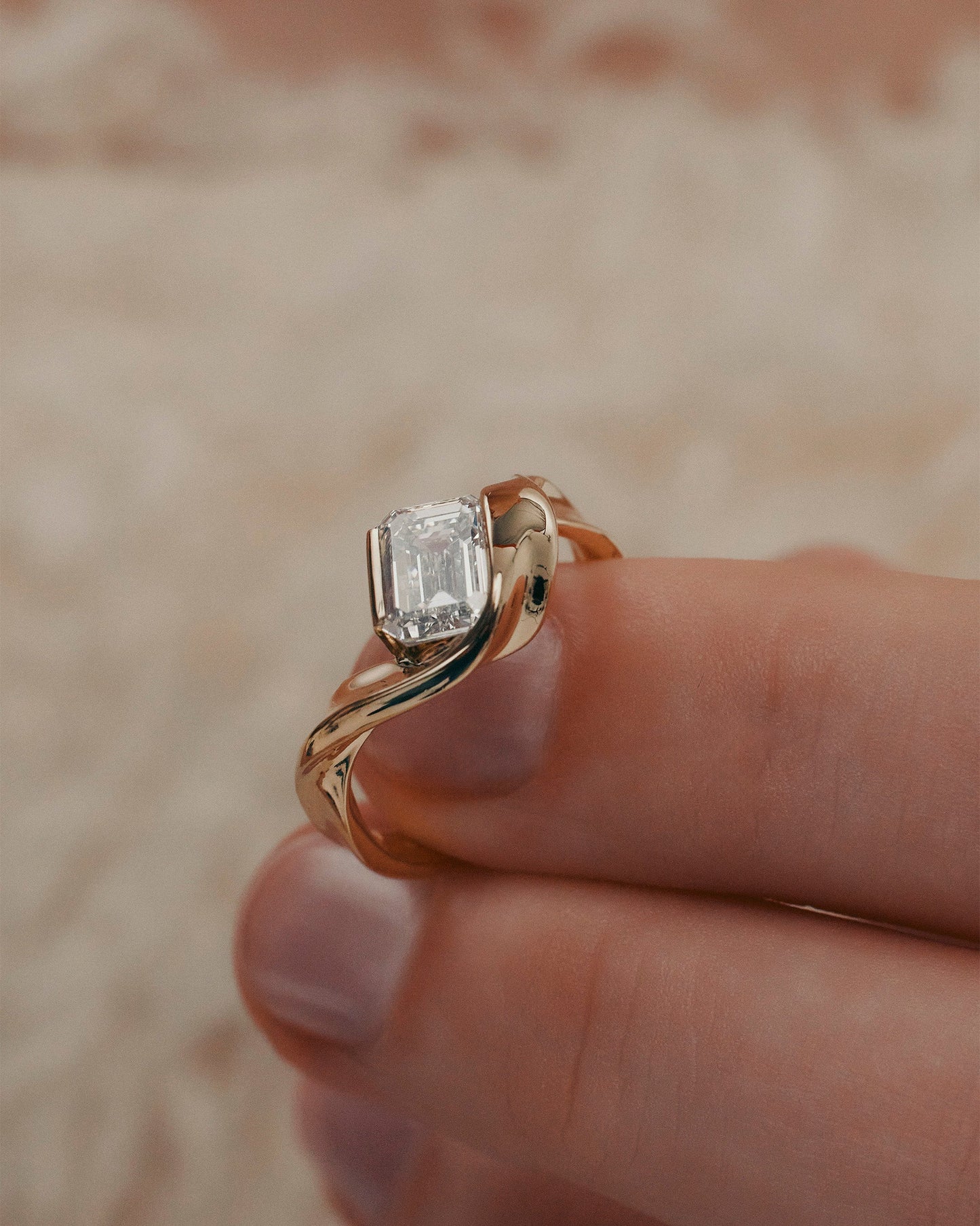 1.01 CT Emerald Cut Lab grown Diamond Sculptural Band Solitaire Engagement Ring