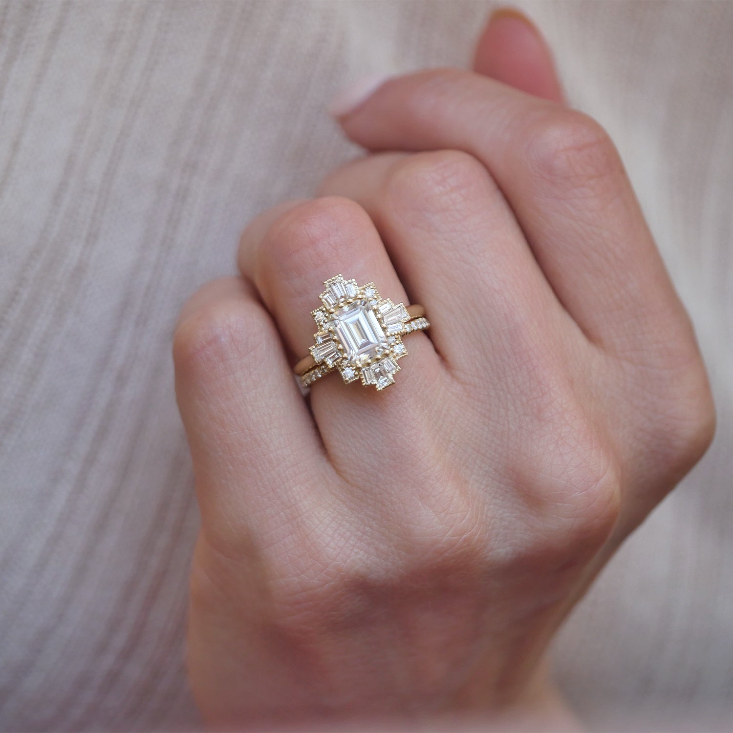 1.5 CT Emerald Cut Moissanite Cluster Mosaic Engagement Ring