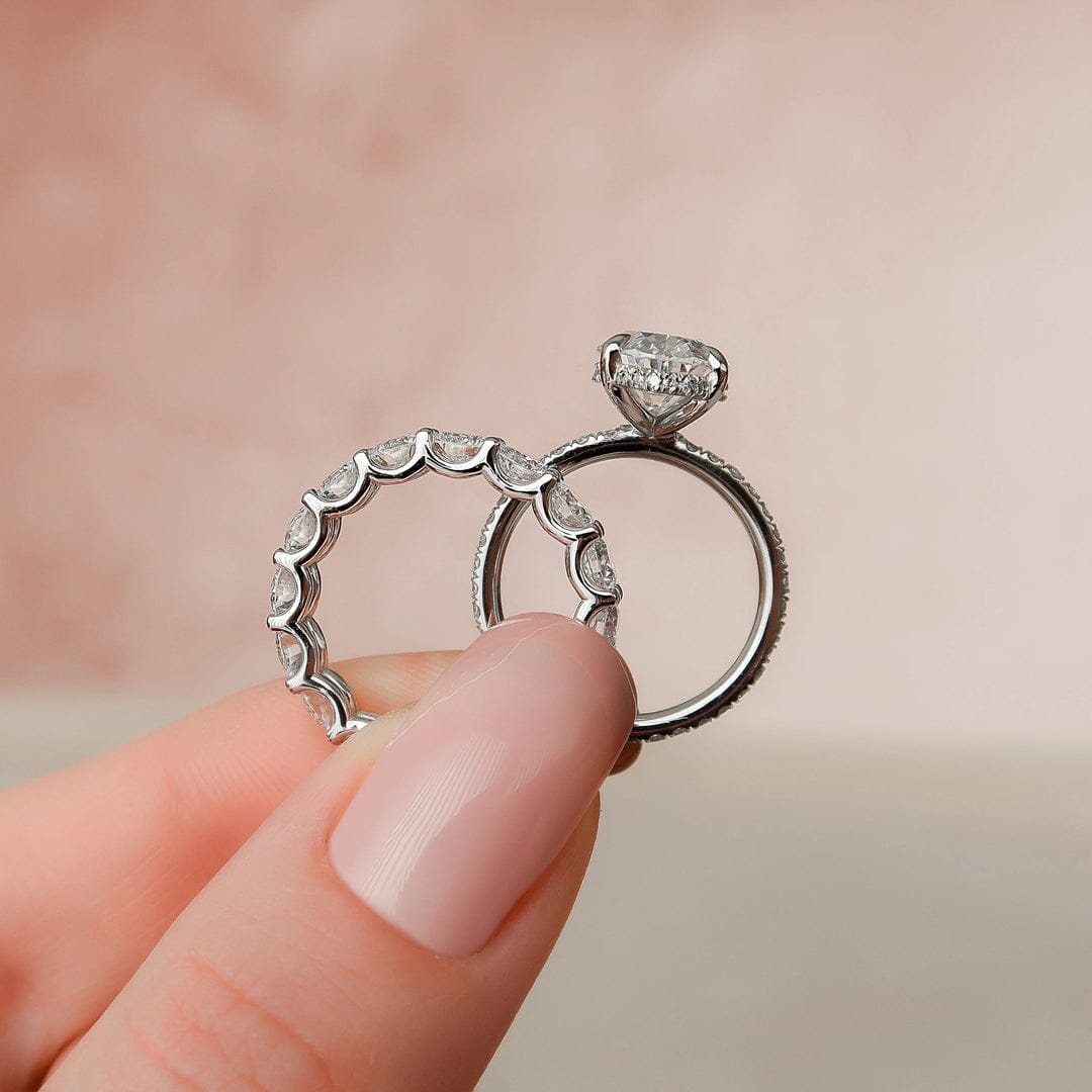 3.0 CT Oval Cut Hidden Halo Moissanite Eternity Bridal Set