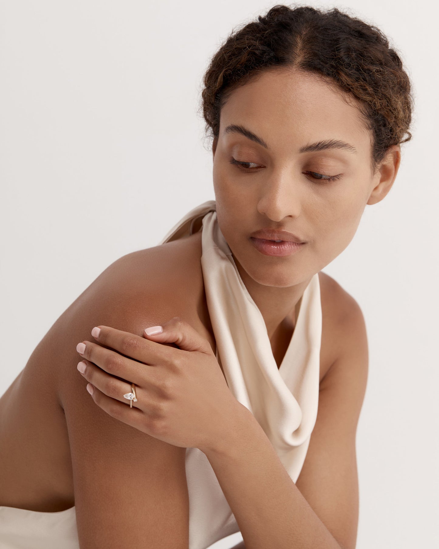 1 CT Pear Cut Lab grown Diamond Bypass Side Stone & Half Pave Engagement Ring