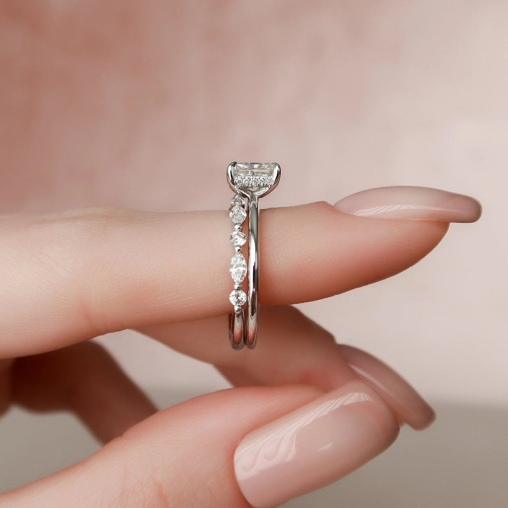 1 CT Radiant Cut Hidden Halo Moissanite Solitaire Bridal Set