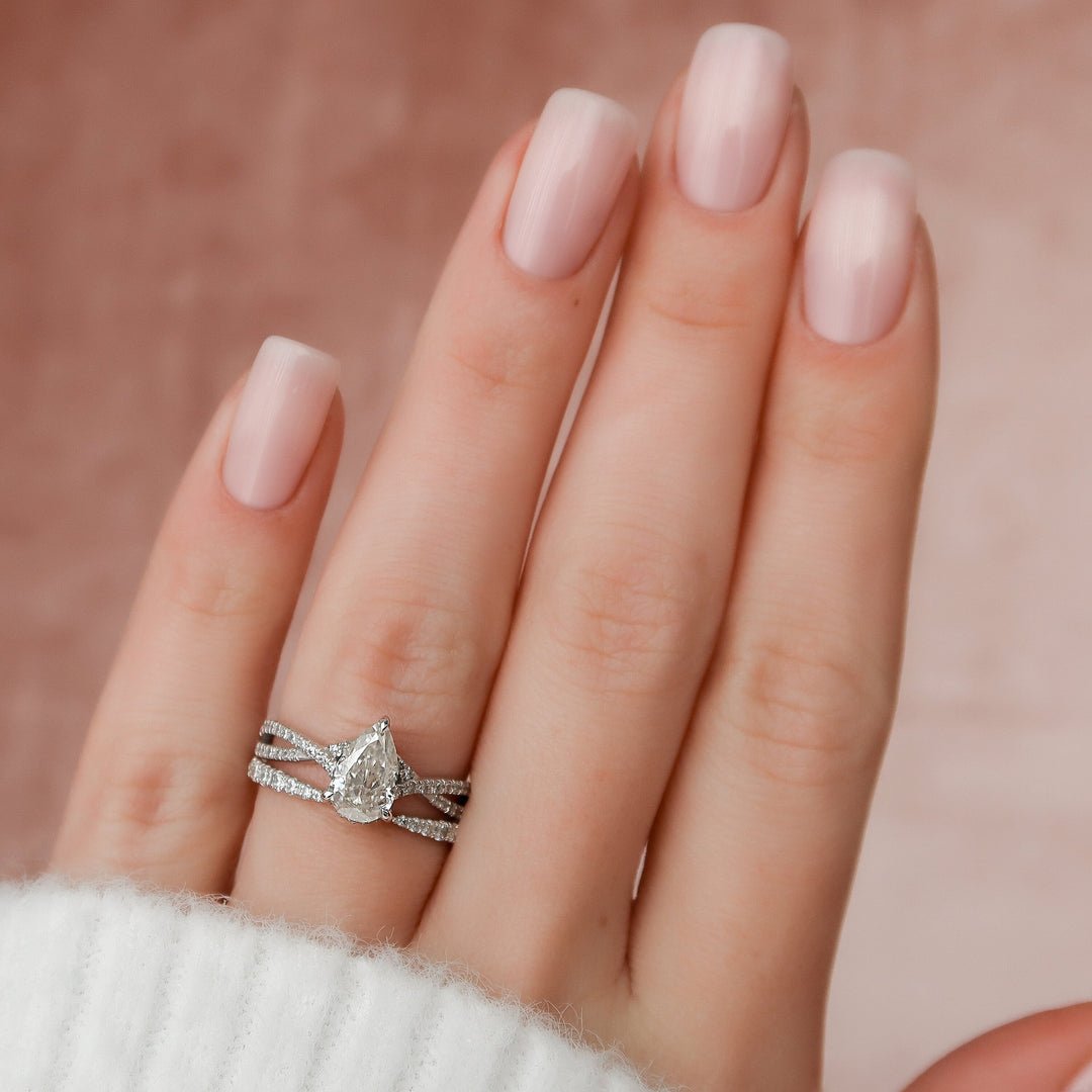 1.5 CT Pear Cut Hidden Halo Moissanite Half Eternity With Split Shank Bridal Set