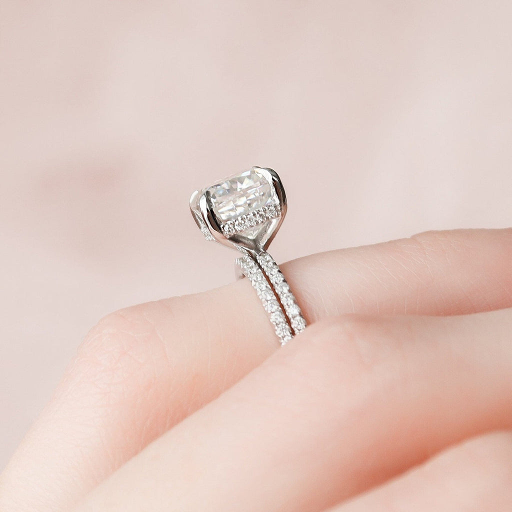 2.0 CT Cushion Cut Hidden Halo Moissanite Eternity Bridal Set