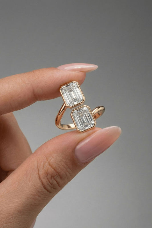 Double Emerald Cut Bezel Bypass Moissanite Engagement Ring