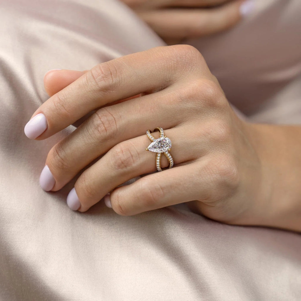 2 CT - 3 CT Pear Cut Criss-Cross Pave Moissanite Engagement Ring
