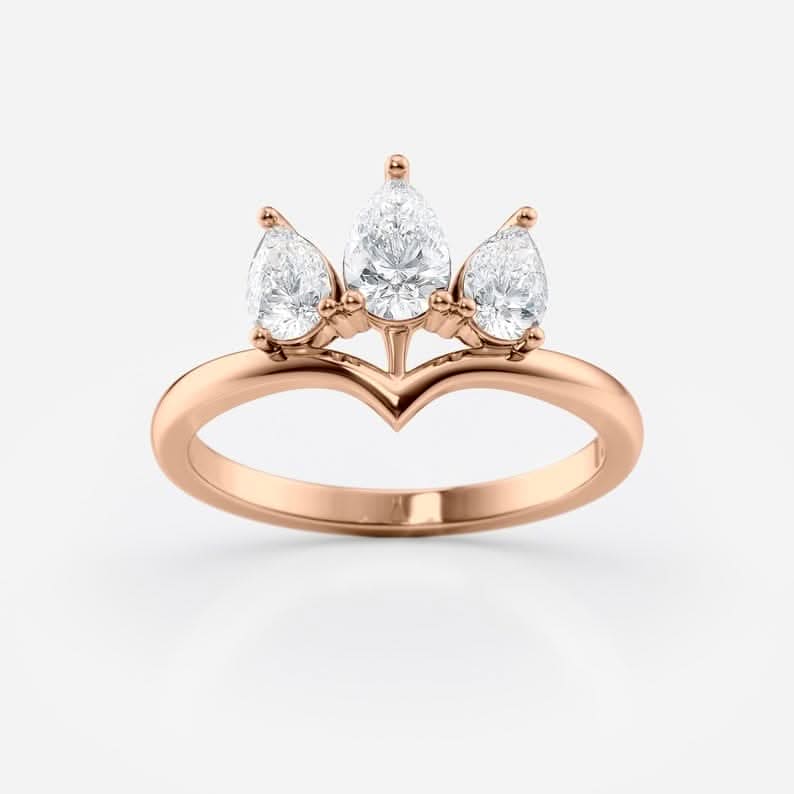 0.8 TCW Pear Cut Three Stone Crown Style Moissanite Engagement Ring
