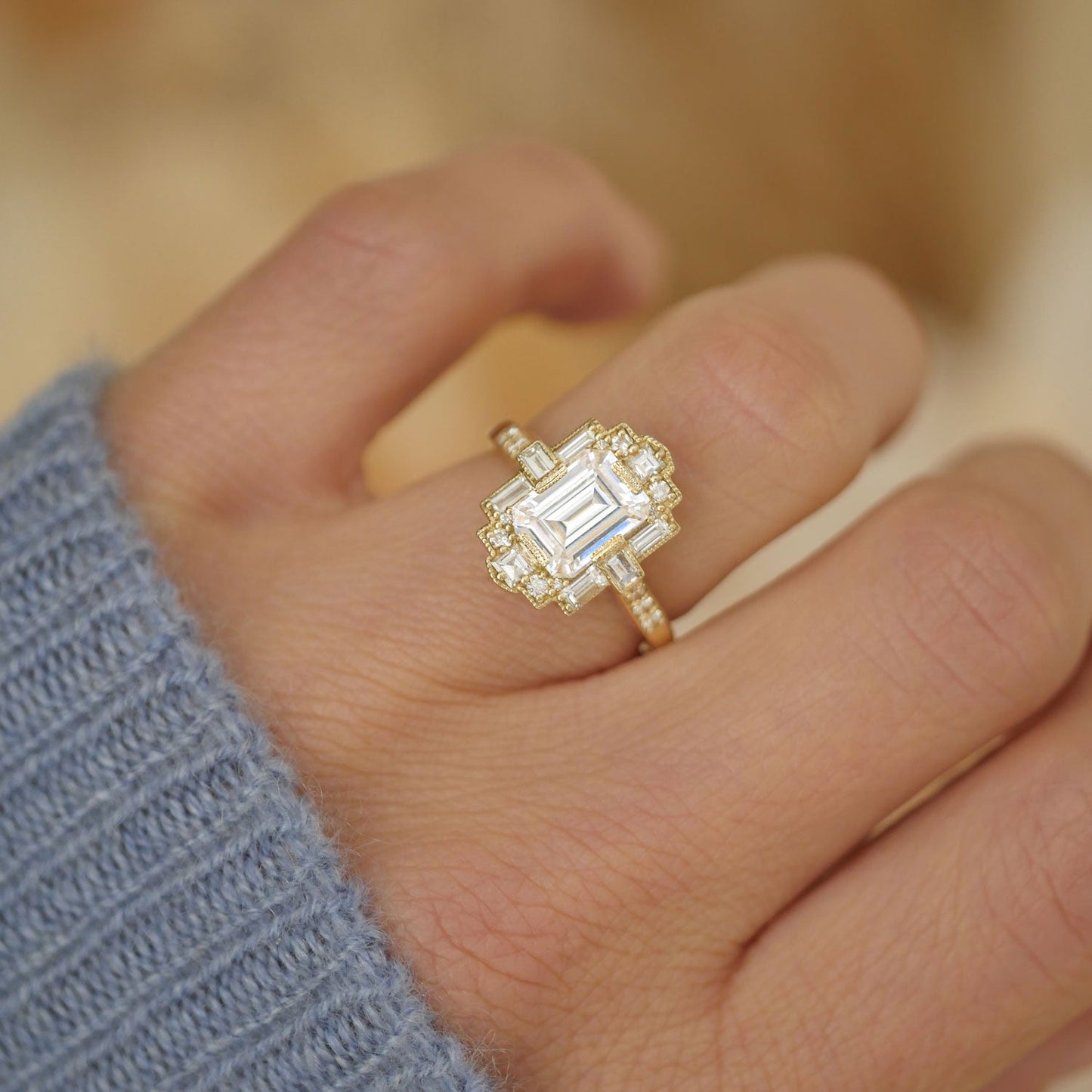1.5 CT Emerald Cut Moissanite Art Deco Mosaic Engagement Ring
