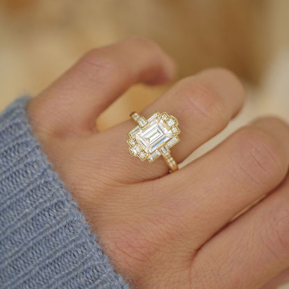 1.5 CT Emerald Cut Moissanite Art Deco Mosaic Engagement Ring