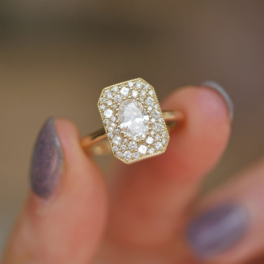 0.74 CT Oval Cut Moissanite Emerald Shape Mosaic Engagement Ring