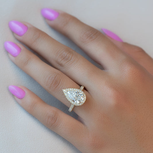 2 CT - 3 CT Pear Cut Halo Pave Set Moissanite Engagement Ring