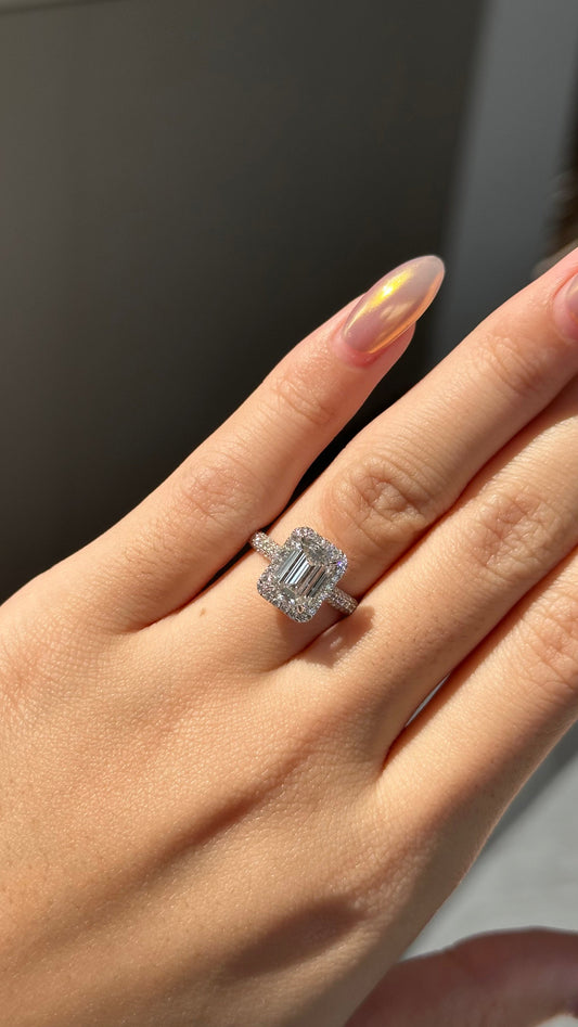 2 CT Emerald Cut Lab grown Diamond Glitter Pave with Halo Engagement Ring