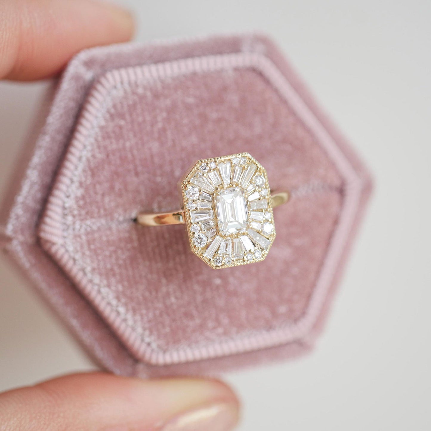 0.56 CT Emerald Cut Moissanite Emerald Shape Mosaic Engagement Ring