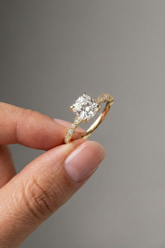 Cushion Cut Milgrain Pave Style Moissanite Engagement Ring