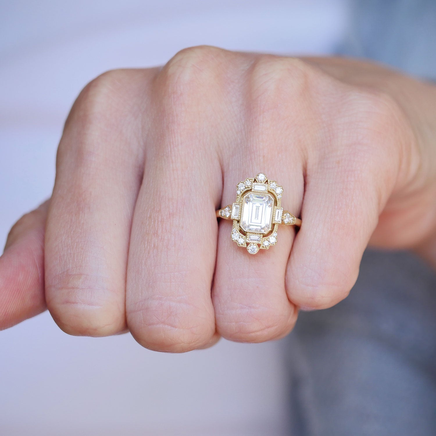 1.5 CT Emerald Cut Moissanite Fairmont Mosaic Engagement Ring