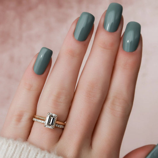 2.0 CT Emerald Cut Hidden Halo Moissanite Solitaire Bridal Set