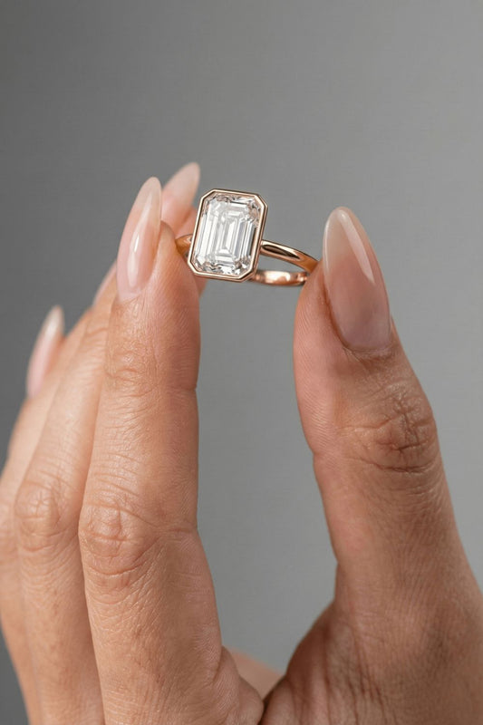 Emerald Cut Lab grown Diamond Solitaire Bezel Setting Engagement Ring