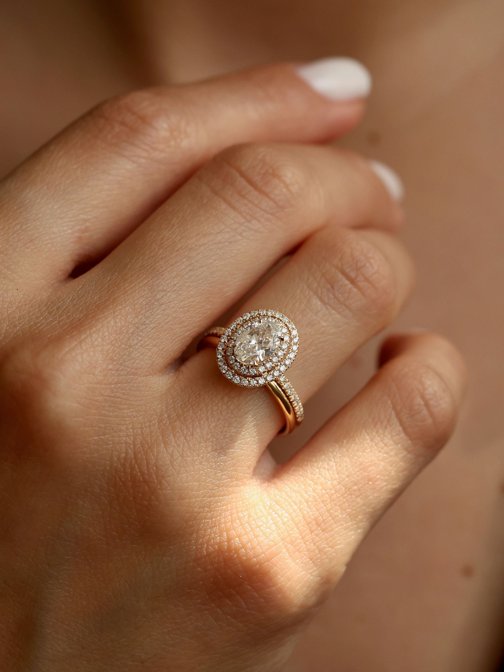 1 CT - 3 CT Oval Cut Lab grown Diamond Double Halo & Pave Engagement Ring