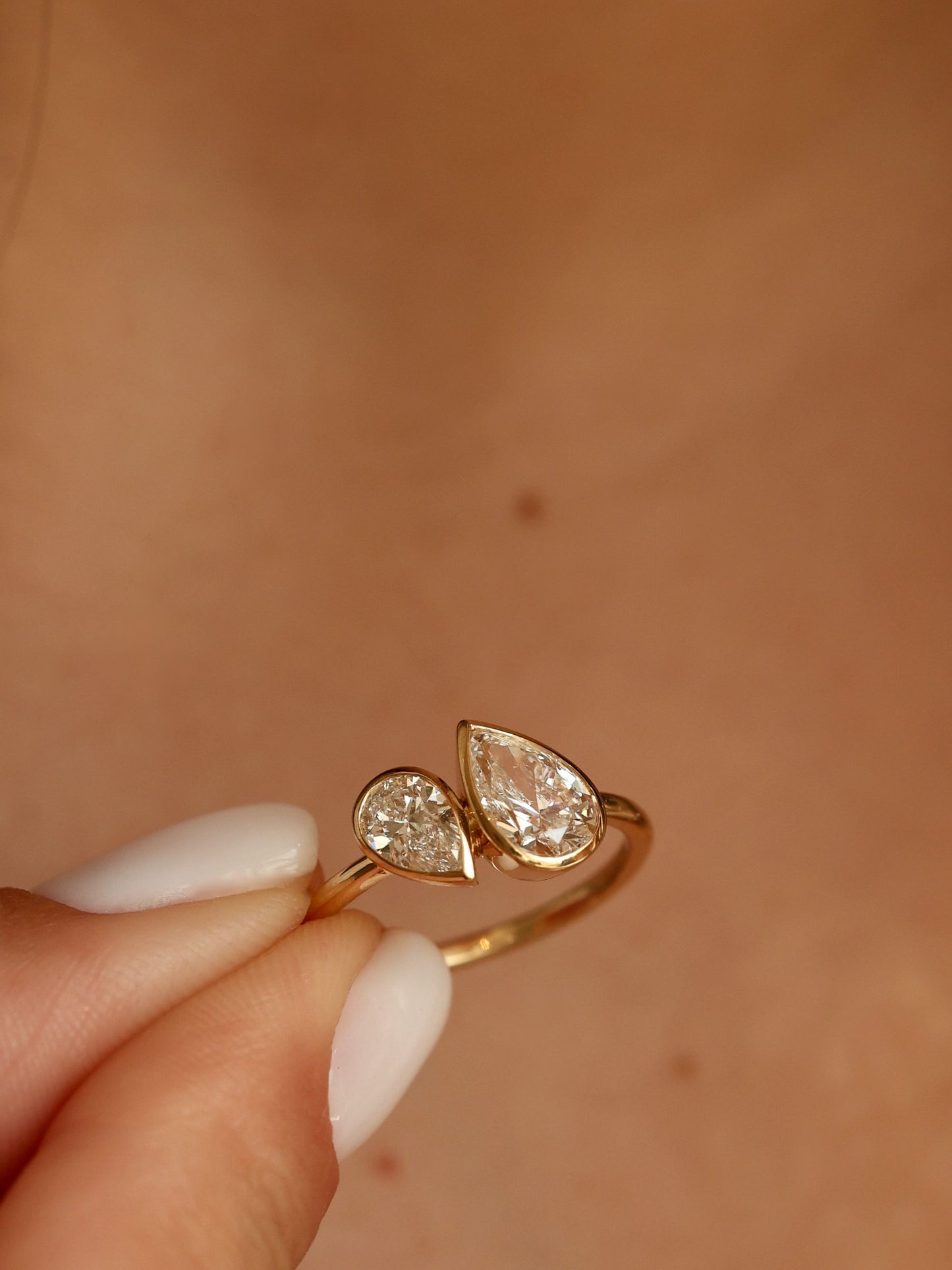 1.5 TCW Pear Cut Lab grown Diamond Two Stone & Bezel Engagement Ring