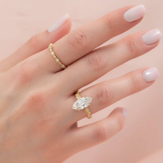 2 CT - 2.5 CT Marquise Cut Hidden Halo Milgrain Moissanite Engagement Ring