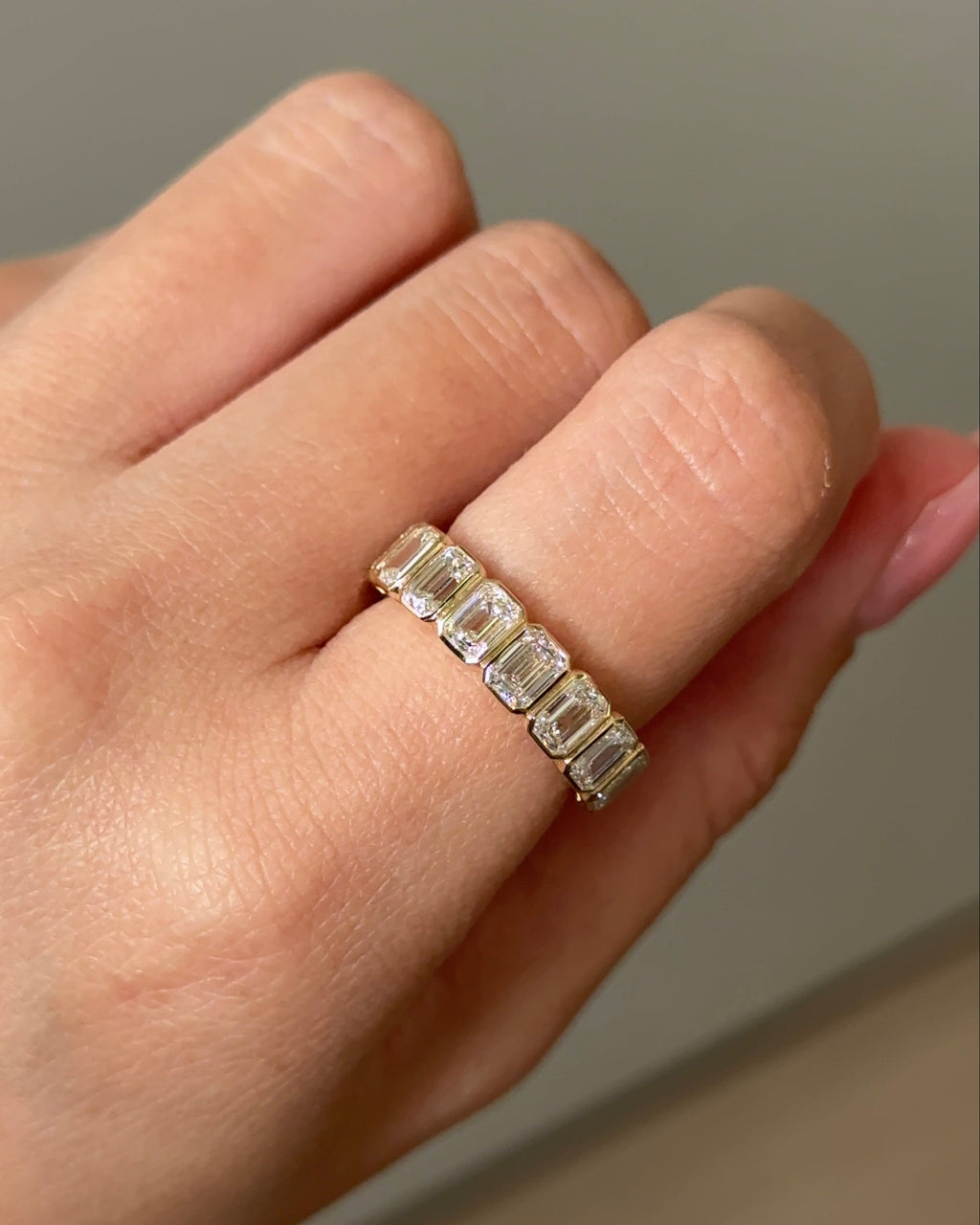 3.48 TCW Emerald CVD Diamond Half Eternity with Bezel Wedding Band