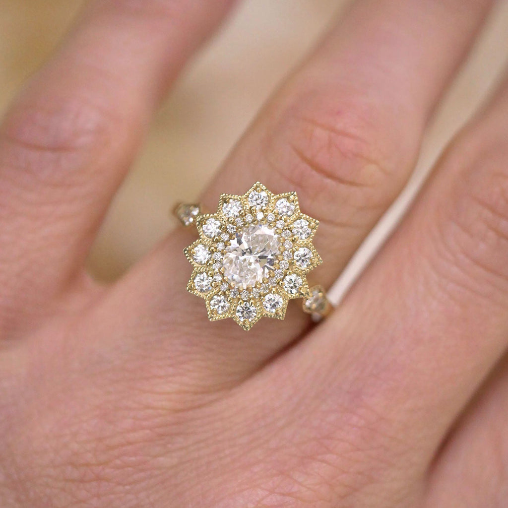 0.74 CT Oval Cut Moissanite Sunflower Style Mosaic Engagement Ring