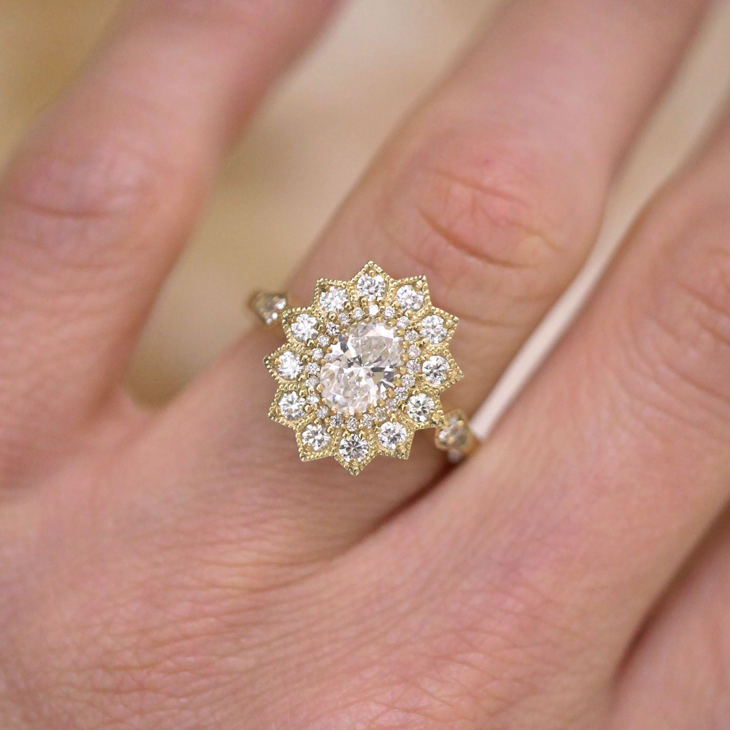 0.74 CT Oval Cut Moissanite Sunflower Style Mosaic Engagement Ring
