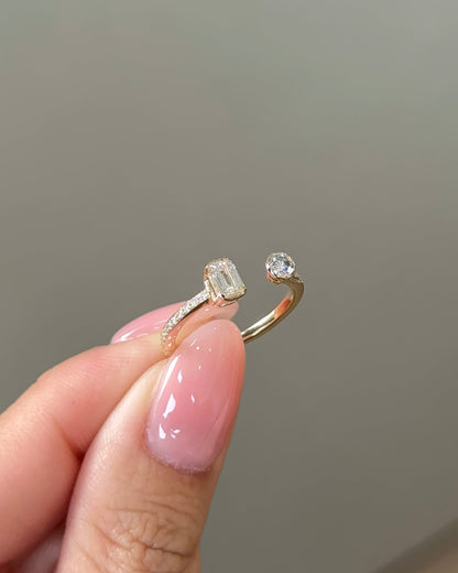 0.56 TCW Emerald & Round CVD Diamond Bezel with Open Cuff Wedding Band