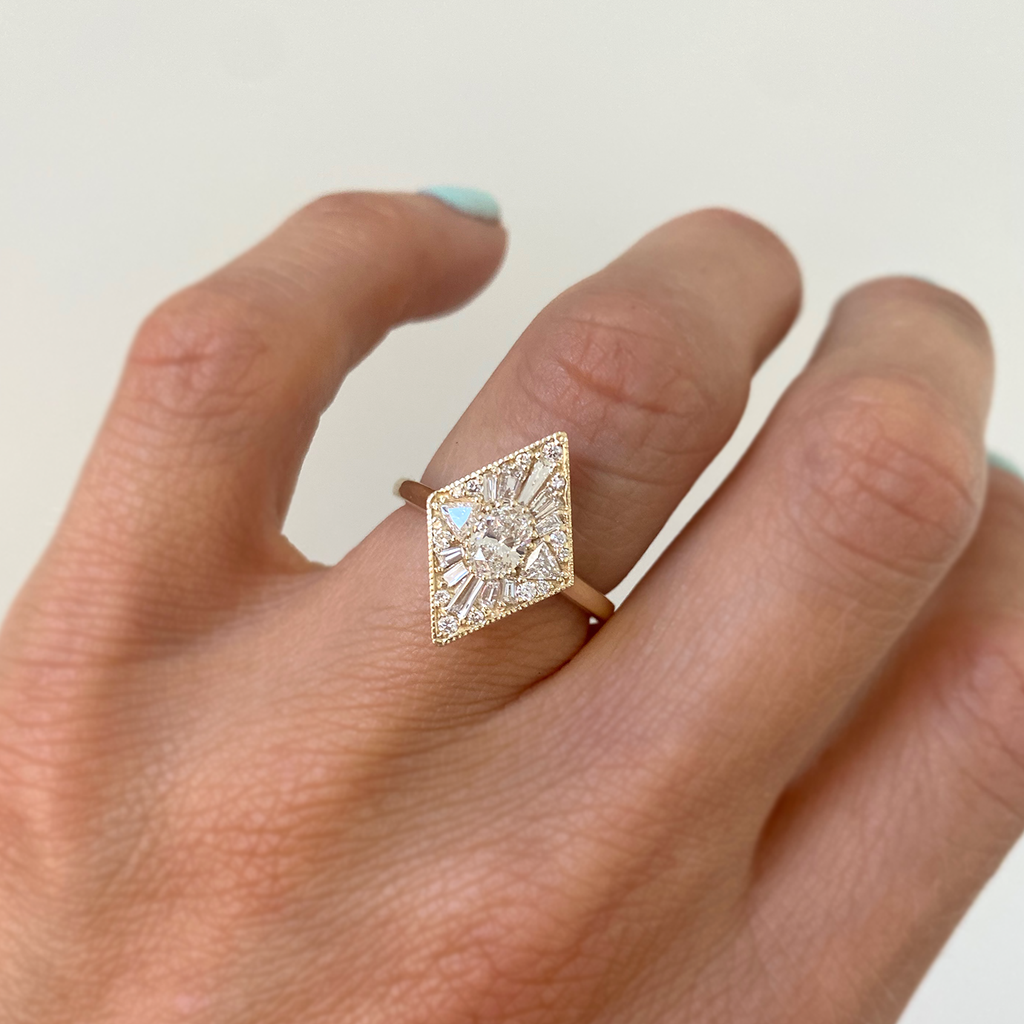 0.36 CT Oval Cut Moissanite Kite Shape Mosaic Engagement Ring