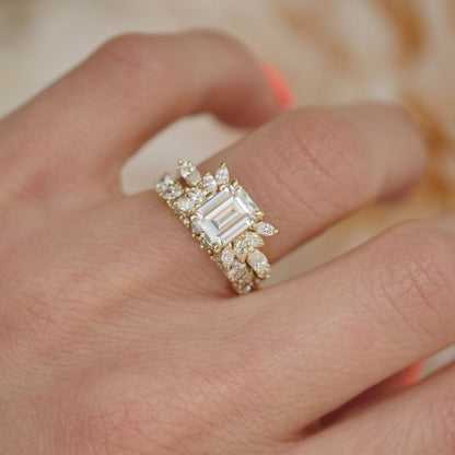 1.5 CT Emerald Cut Moissanite Peacock Style Mosaic Engagement Ring