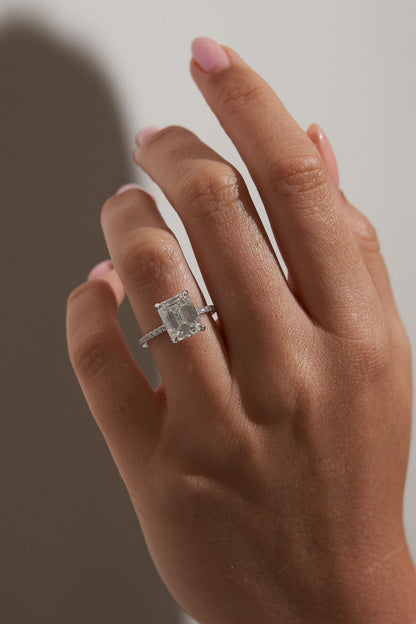 2.5 CT - 3.5 CT Emerald Cut Hidden Halo & Pave Moissanite Engagement Ring