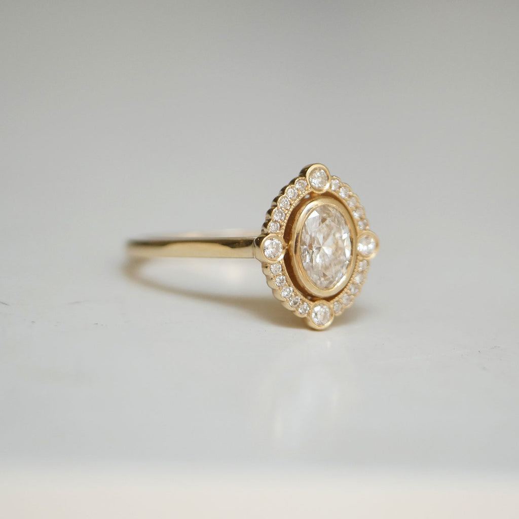0.7 CT Oval Cut Moissanite Art Deco Mosaic Engagement Ring