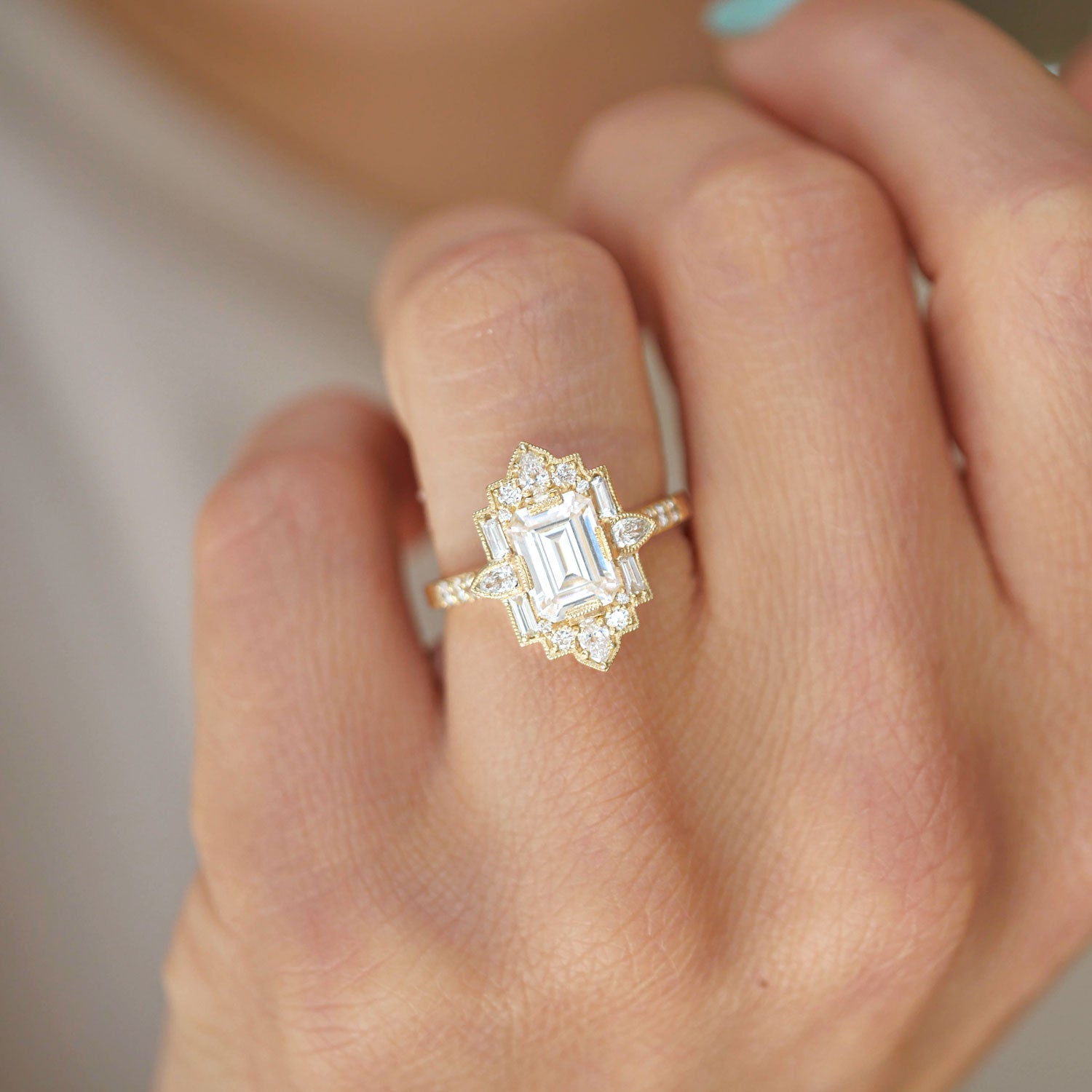 1.5 CT Emerald Cut Moissanite Art Deco Mosaic Engagement Ring