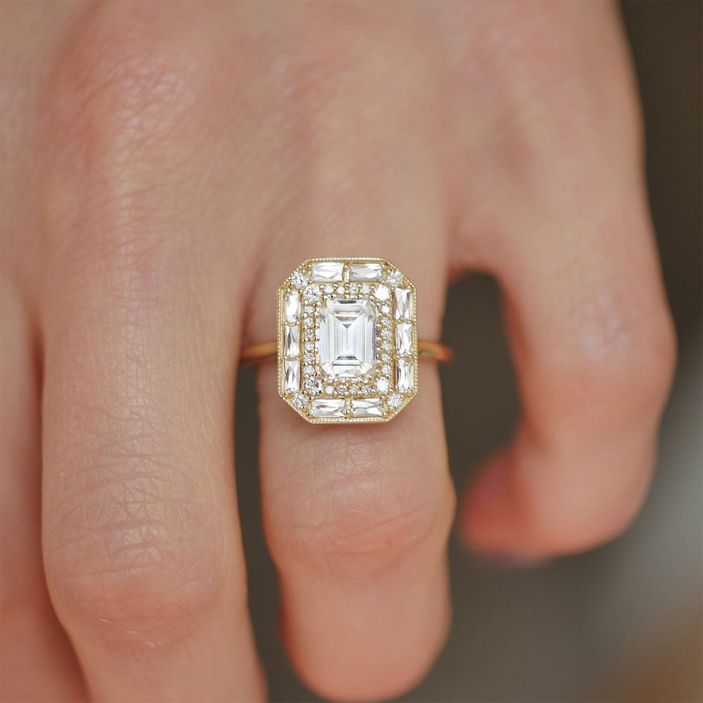 1.5 CT Emerald Cut Moissanite Emerald Shape Halo Style Mosaic Engagement Ring