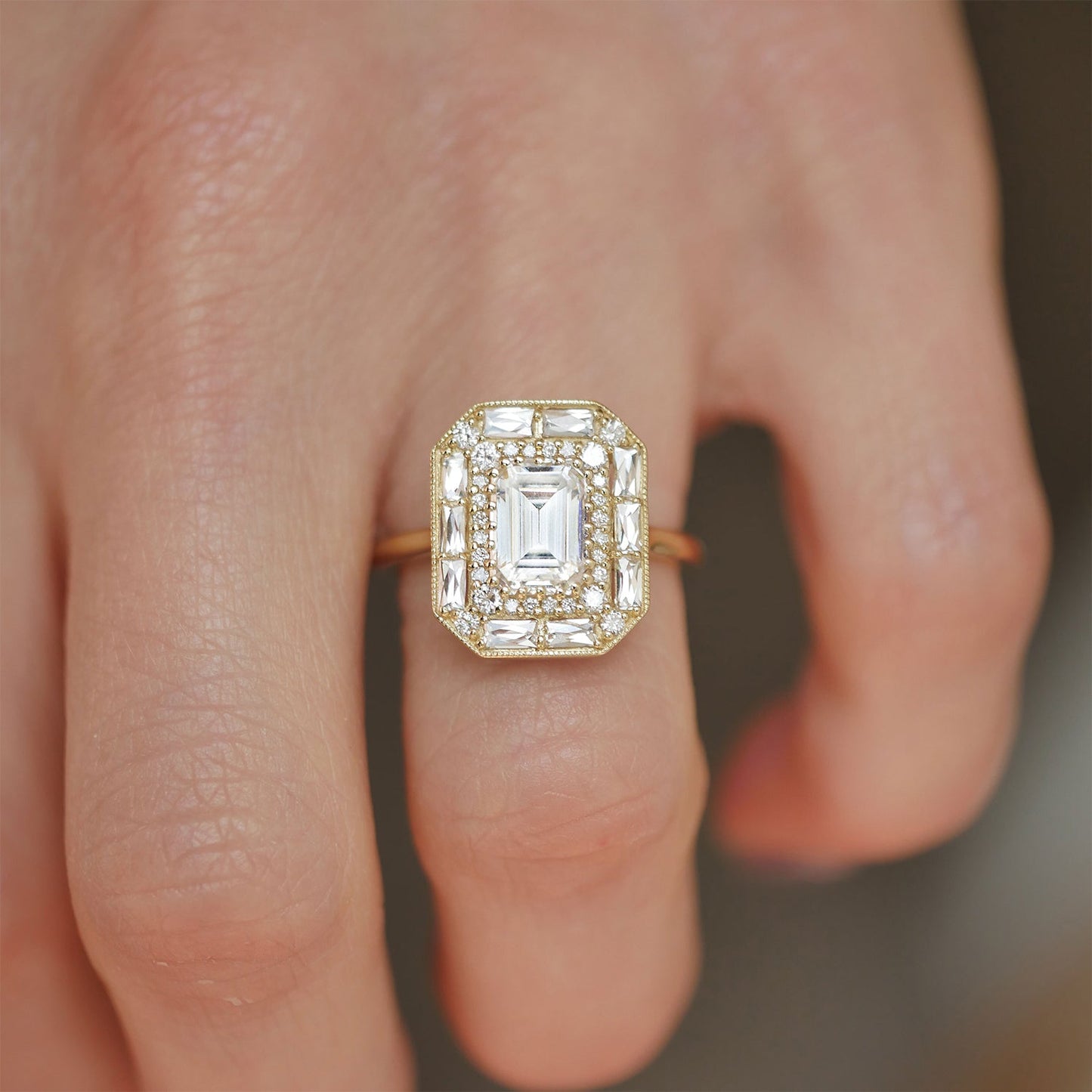 1.5 CT Emerald Cut Moissanite Emerald Shape Halo Style Mosaic Engagement Ring