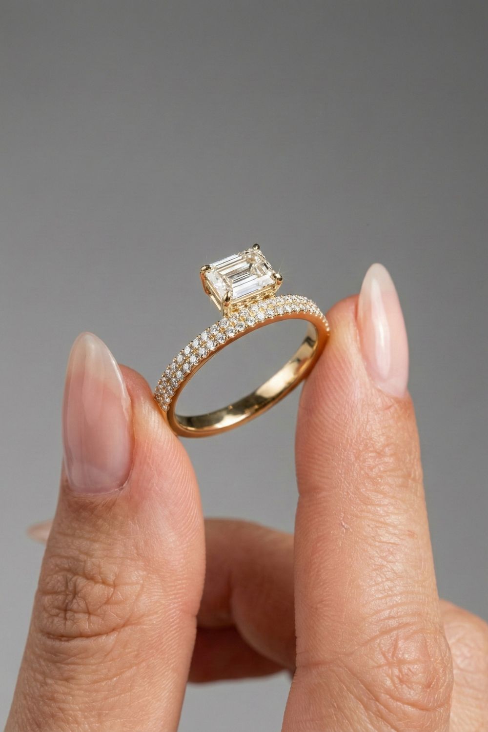 East-West Emerald Cut Lab grown Diamond Double Band Pave Engagement Ring