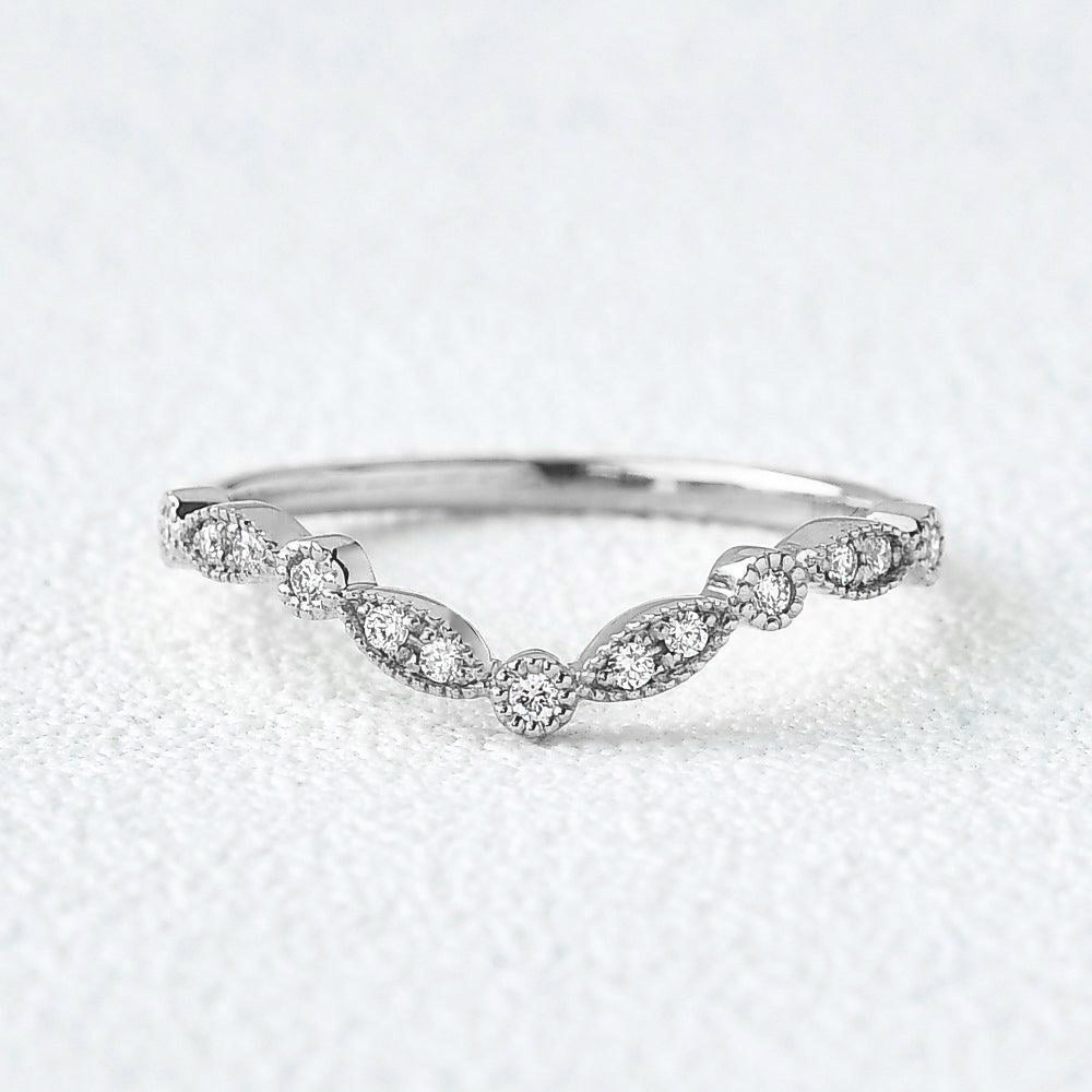 0.12 TCW Round Moissanite Milgrain V-Shape Pave Style Wedding Band